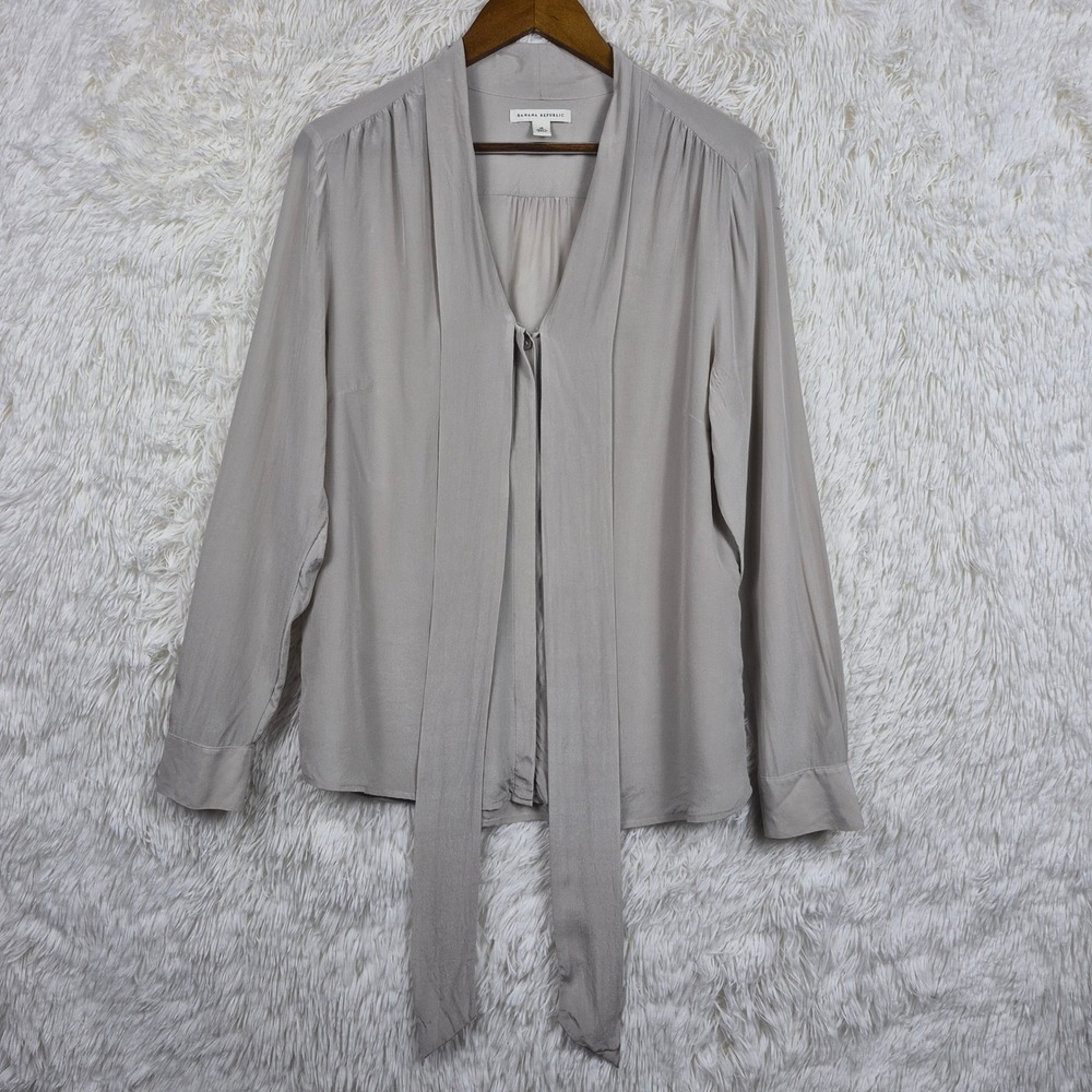 Banana Republic Womens 14 Crepe Silk Bow Tie Neck Blouse Gray Long Sleeve Top